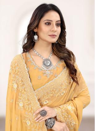 
                      Yellow Embroidered Faux Georgette Designer Saree