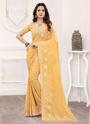 
                      Yellow Embroidered Faux Georgette Designer Saree