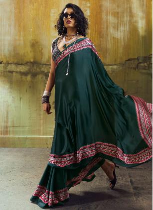 
                      Green Casual Satin Printed Trendy Saree