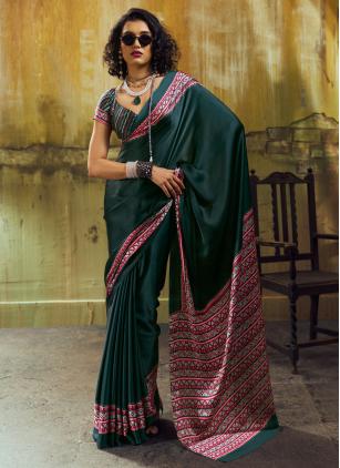 
                      Green Casual Satin Printed Trendy Saree