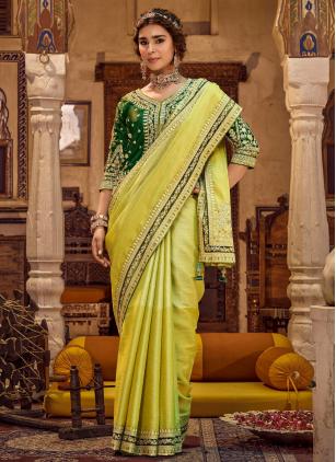 
                      Green Ceremonial Viscose Linen Contemporary Saree