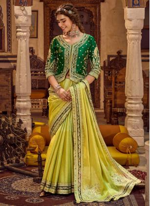 
                      Green Ceremonial Viscose Linen Contemporary Saree