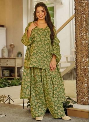 
                      Green Cotton Digital Printed Trendy Salwar Kameez for Casual