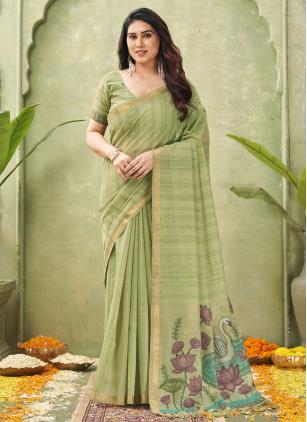 
                      Green Cotton Woven Trendy Saree