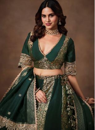 
                      Green Embroidered Banarasi Trendy Lehenga Choli