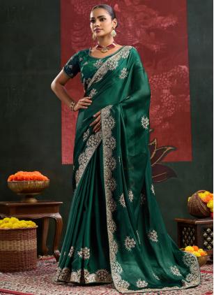 
                      Green Embroidered Classic Saree For Mehendi
