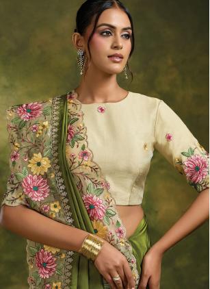 
                      Green Embroidered Faux Crepe Saree