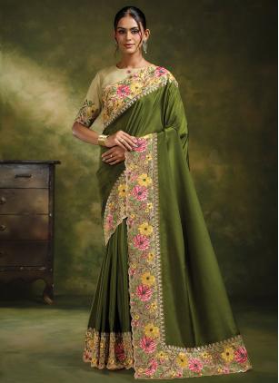 
                      Green Embroidered Faux Crepe Saree