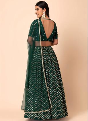 
                      Green Embroidered Georgette Trendy Lehenga Choli