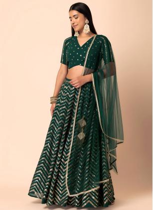 
                      Green Embroidered Georgette Trendy Lehenga Choli
