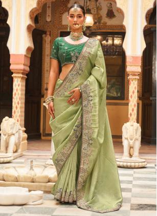 
                      Green Embroidered Tissue Trendy Saree For Wedding