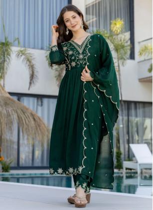 
                      Green Embroidered Vichitra Silk Trendy Salwar Kameez