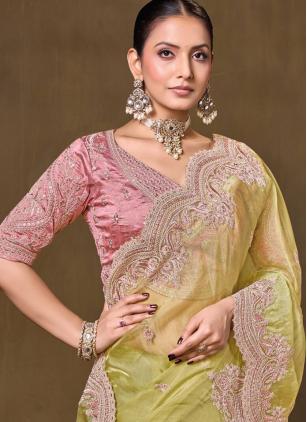 
                      Green Embroidered Trendy Saree For Mehendi