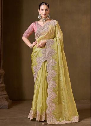 
                      Green Embroidered Trendy Saree For Mehendi
