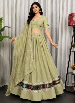
                      Green Embroidered Vichitra Silk Designer Lehenga Choli