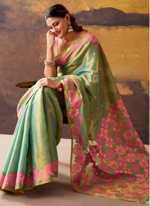 
                      Green Festival Printed Saree