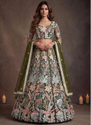 
                      Green Net Embroidered Trendy Lehenga Choli