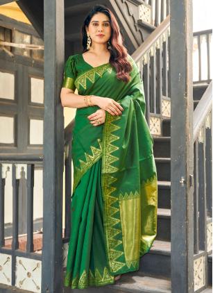 
                      Green Woven Raw Silk Classic Saree