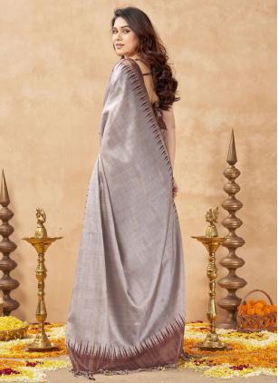 
                      Grey Weaving Work Tussar Silk Trendy Saree