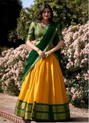
                      Kanchipuram Silk Zari Work Yellow Ceremonial Lehenga Choli
