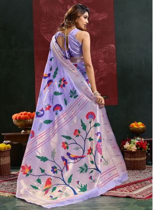 
                      Lavender Cotton Silk Meenakari Paithani Classic Saree