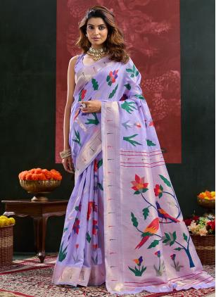 
                      Lavender Cotton Silk Meenakari Paithani Classic Saree