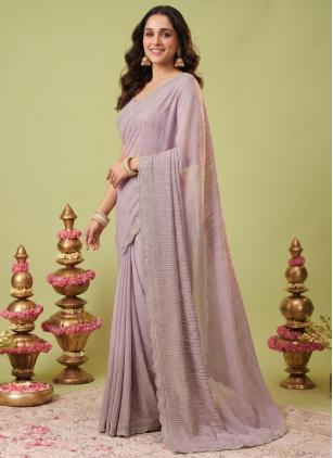 
                      Lavender Georgette Embroidered Trendy Saree