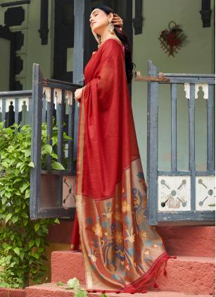 
                      Linen Silk Festival Red Weaving Saree For Festive