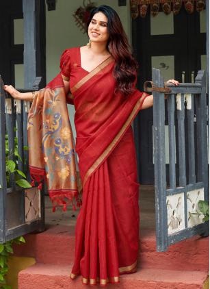 
                      Linen Silk Festival Red Weaving Saree For Festive