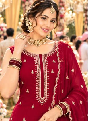 
                      Maroon Embroidered Georgette Palazzo Salwar Kameez