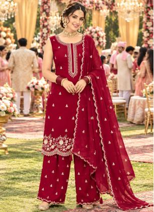 
                      Maroon Embroidered Georgette Palazzo Salwar Kameez