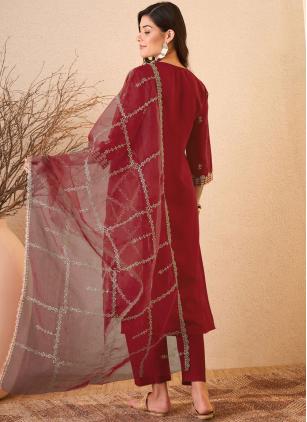 
                      Maroon Embroidered Silk Blend Salwar suit