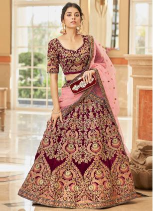 
                      Maroon Embroidered Velvet A - Line Lehenga Choli for Wedding