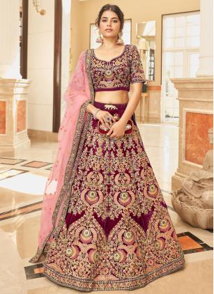 
                      Maroon Embroidered Velvet A - Line Lehenga Choli for Wedding
