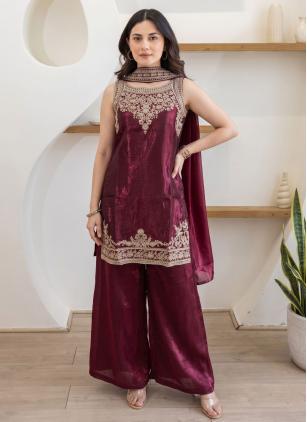 
                      Maroon Fandy Satin Embroidered Trendy Salwar Kameez