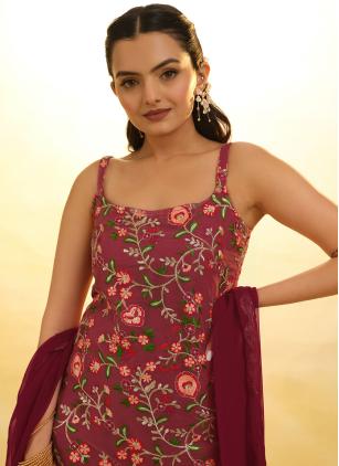 
                      Maroon Net Embroidered Salwar Kameez for Festval