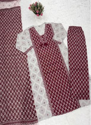 
                      Maroon Printed Cotton Pant Style Suit