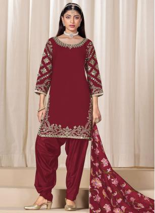 
                      Maroon Silk Patiala Suit with Mirror Work