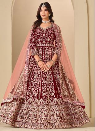 
                      Maroon Velvet Embroidered Anarkali Salwar Suit