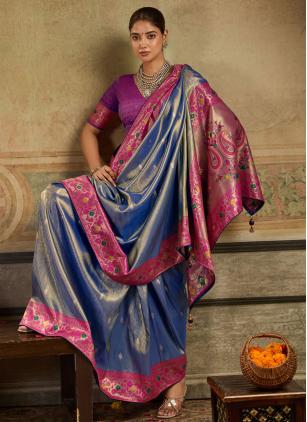 
                      Meenakari Woven Work Blue Silk Trendy Saree