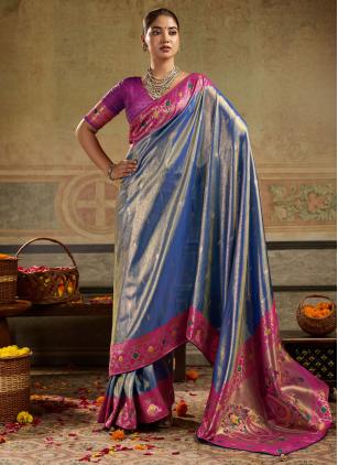 
                      Meenakari Woven Work Blue Silk Trendy Saree
