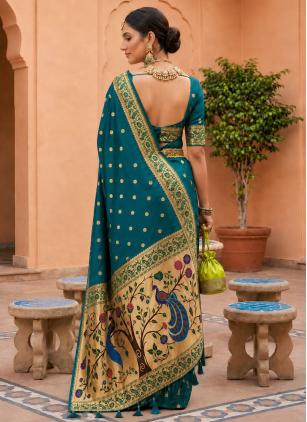 
                      Meenakari Work Teal Banarasi Saree