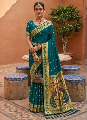 
                      Meenakari Work Teal Banarasi Saree