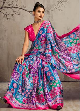 Multi Colour Satin Print Contemporary Saree - 2