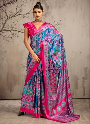 Multi Colour Satin Print Contemporary Saree