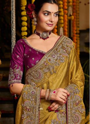 
                      Mustard Ceremonial Embroidered Tissue Classic Saree