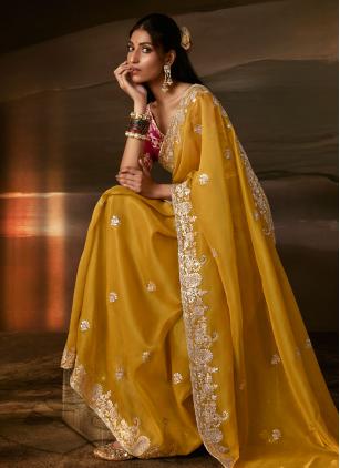 
                      Mustard Ceremonial Organza Saree With Zari Work