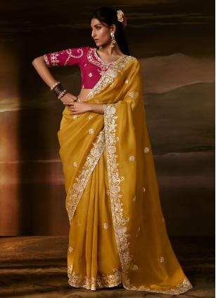 
                      Mustard Ceremonial Organza Saree With Zari Work