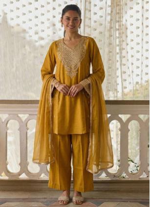 
                      Mustard Cotton Silk Pant Style Suit