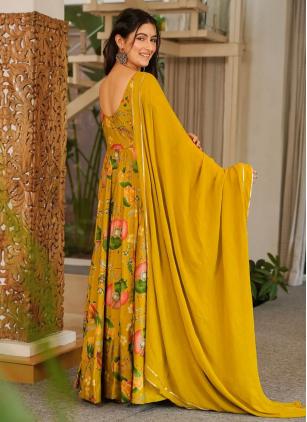 
                      Mustard Digital Print Rayon Trendy Plus Size Gown